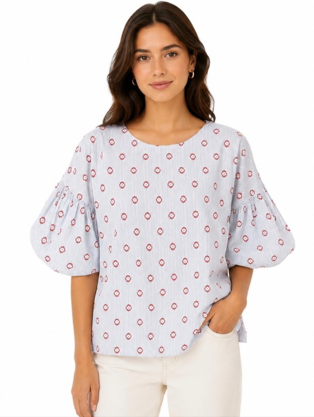 LOFT White and Red Patterned Blouse